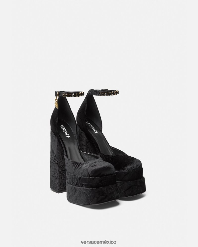 Versace zapatos de tacón con plataforma de terciopelo medusa aevitas negro zapato mujer 84626J428