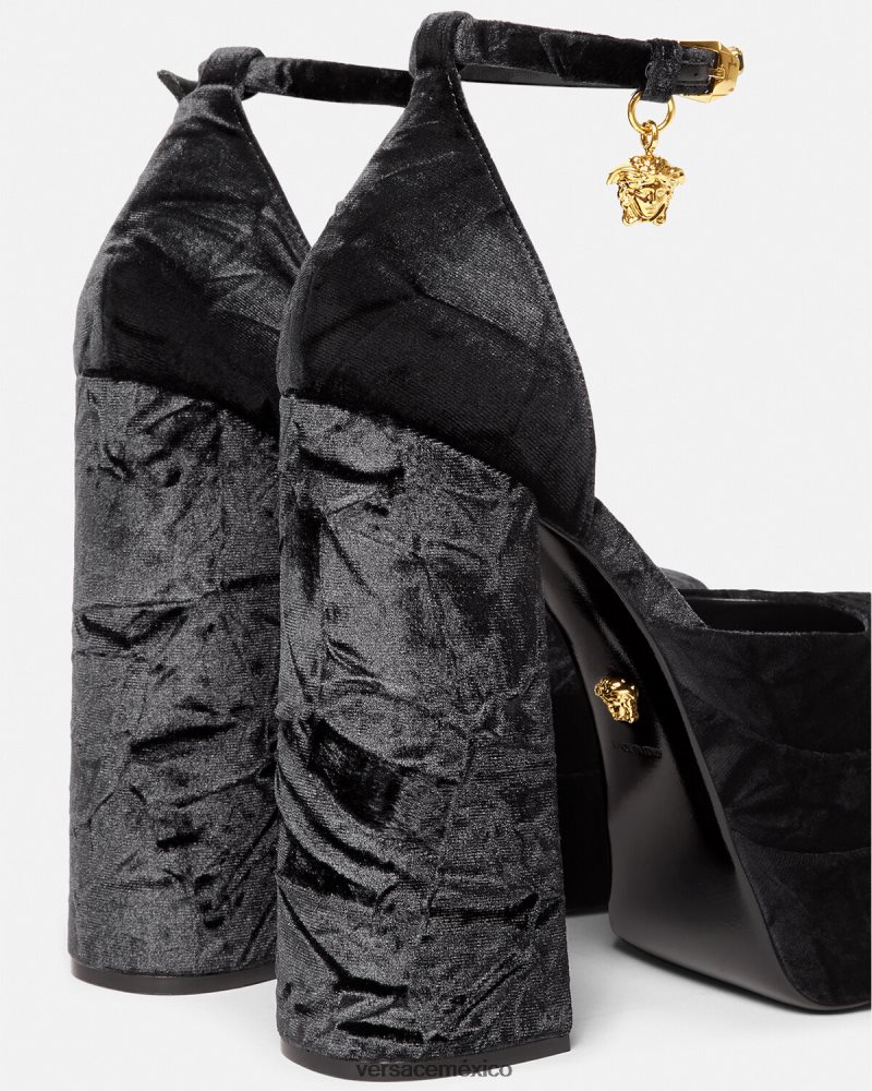 Versace zapatos de tacón con plataforma de terciopelo medusa aevitas negro zapato mujer 84626J428