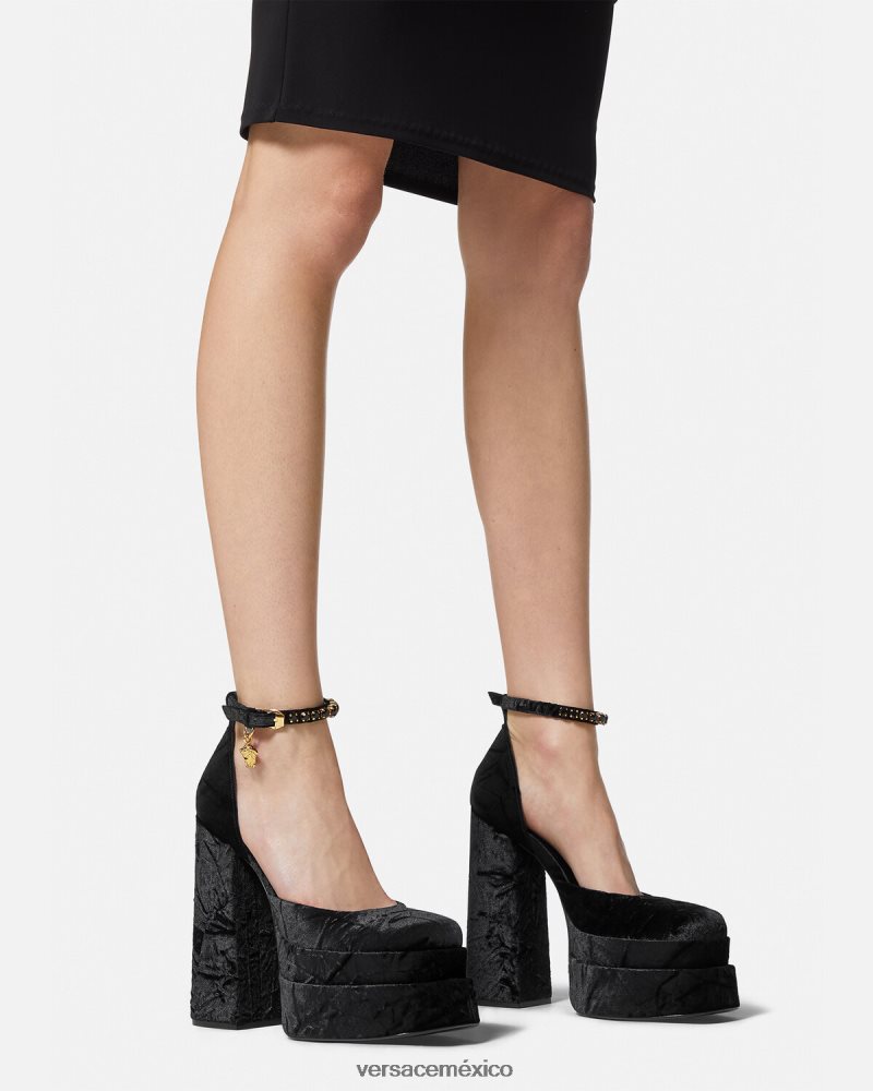 Versace zapatos de tacón con plataforma de terciopelo medusa aevitas negro zapato mujer 84626J428