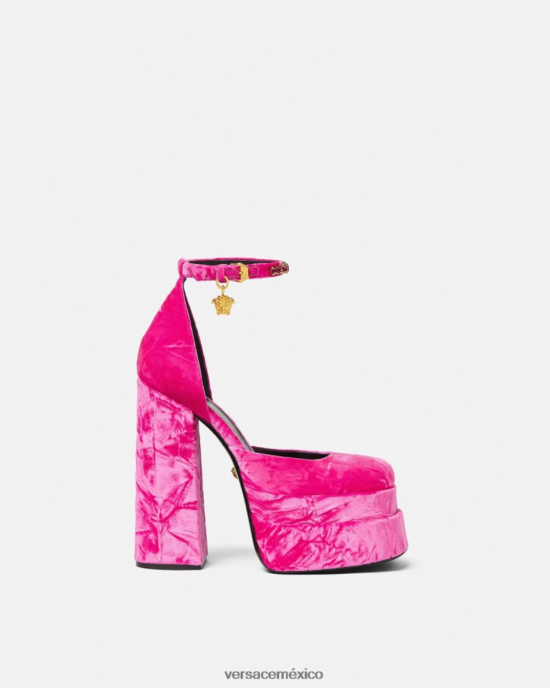 Versace zapatos de tacón con plataforma de terciopelo medusa aevitas rosa zapato mujer 84626J429