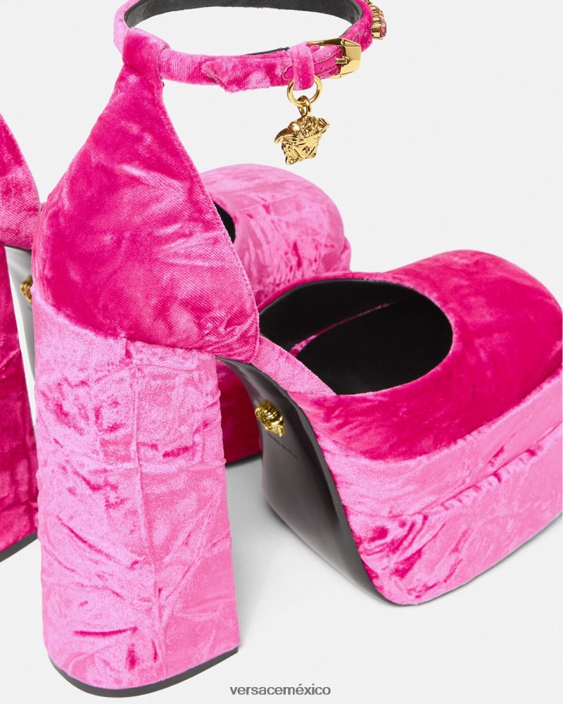 Versace zapatos de tacón con plataforma de terciopelo medusa aevitas rosa zapato mujer 84626J429