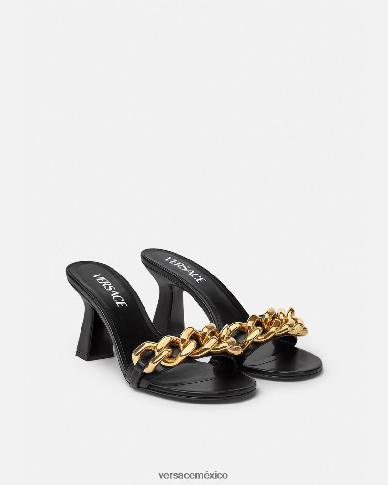 Versace sandalias con cadena y tacón medio negro zapato mujer 84626J461