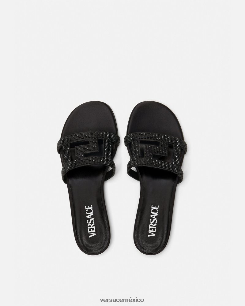 Versace sandalias planas con greca maze y cristales negro zapato mujer 84626J472