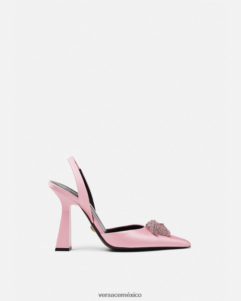 Versace zapatos de tacón con tira trasera de raso la medusa con cristales Rosa claro zapato mujer 84626J487