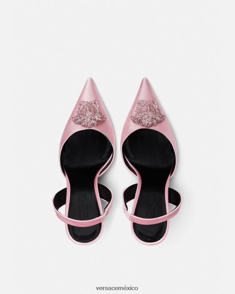 Versace zapatos de tacón con tira trasera de raso la medusa con cristales Rosa claro zapato mujer 84626J487