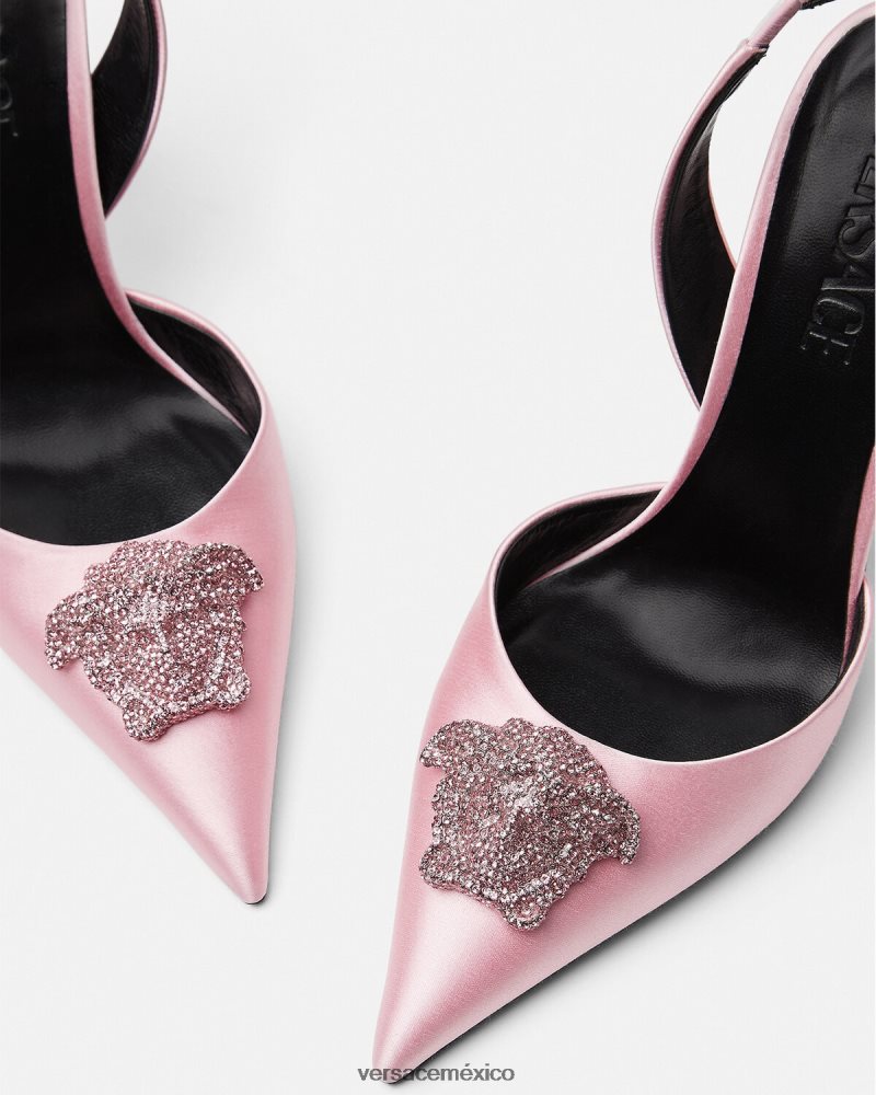 Versace zapatos de tacón con tira trasera de raso la medusa con cristales Rosa claro zapato mujer 84626J487