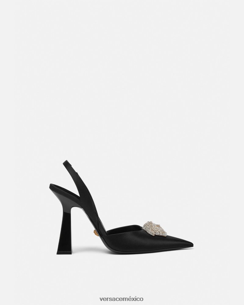 Versace zapatos de tacón con tira trasera de raso la medusa con cristales negro zapato mujer 84626J486