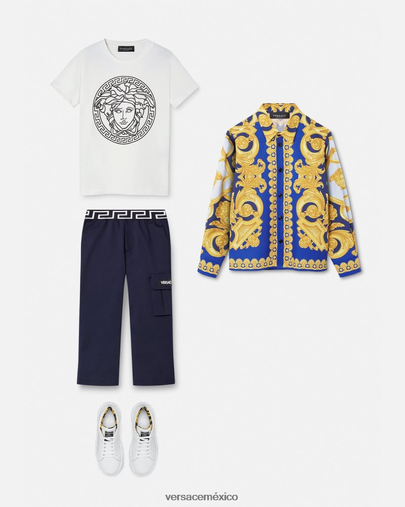 Versace pantalones con grecas azul ropa niños 84626J2101