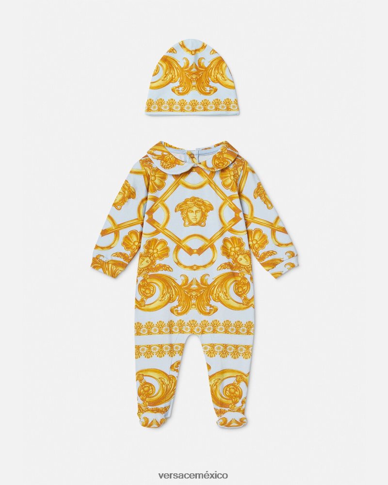 Versace conjunto de pelele para bebé barocco 660 azul claro y dorado ropa niños 84626J1827
