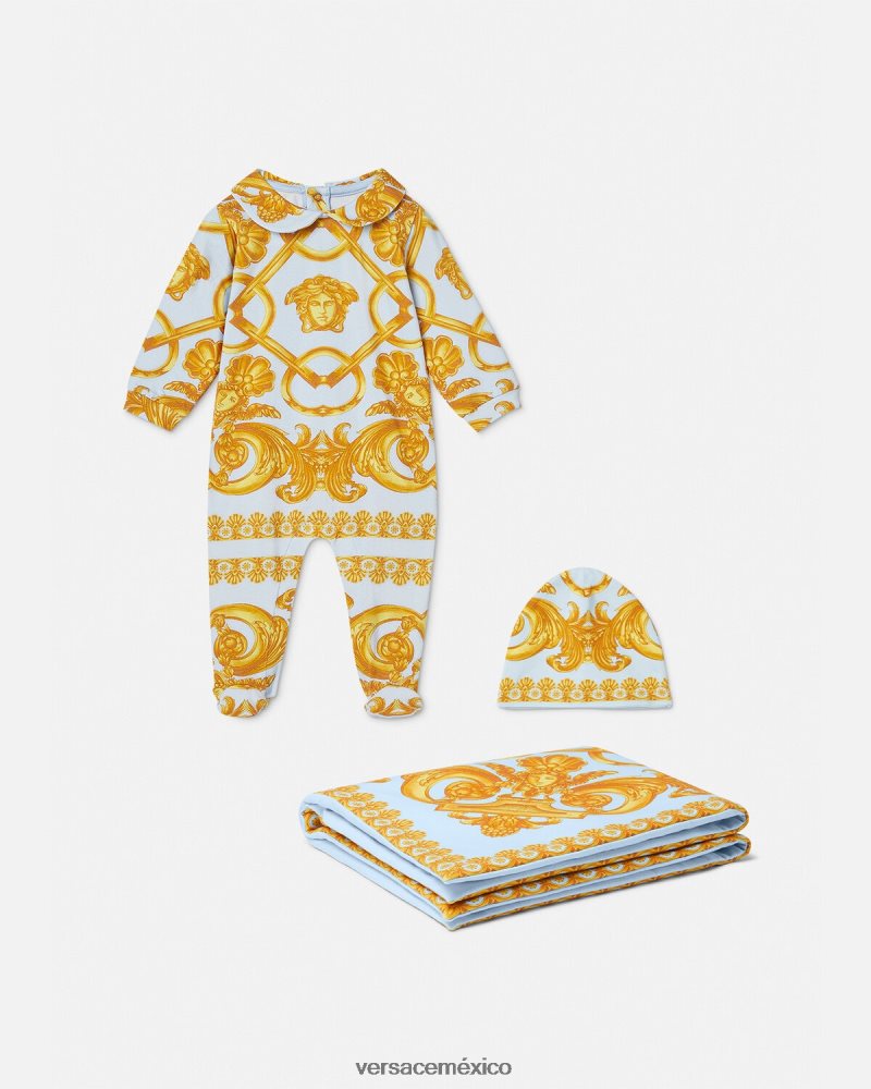Versace conjunto de pelele para bebé barocco 660 azul claro y dorado ropa niños 84626J1827