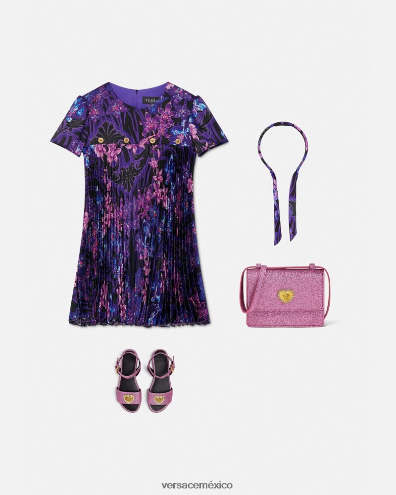 Versace vestido plisado barroco orquídea violeta y estampado ropa niños 84626J2007